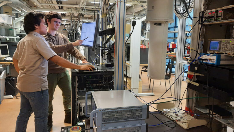 One of the two initial dilution refrigerator prototypes made by Bluefors and installed at Aalto Universty