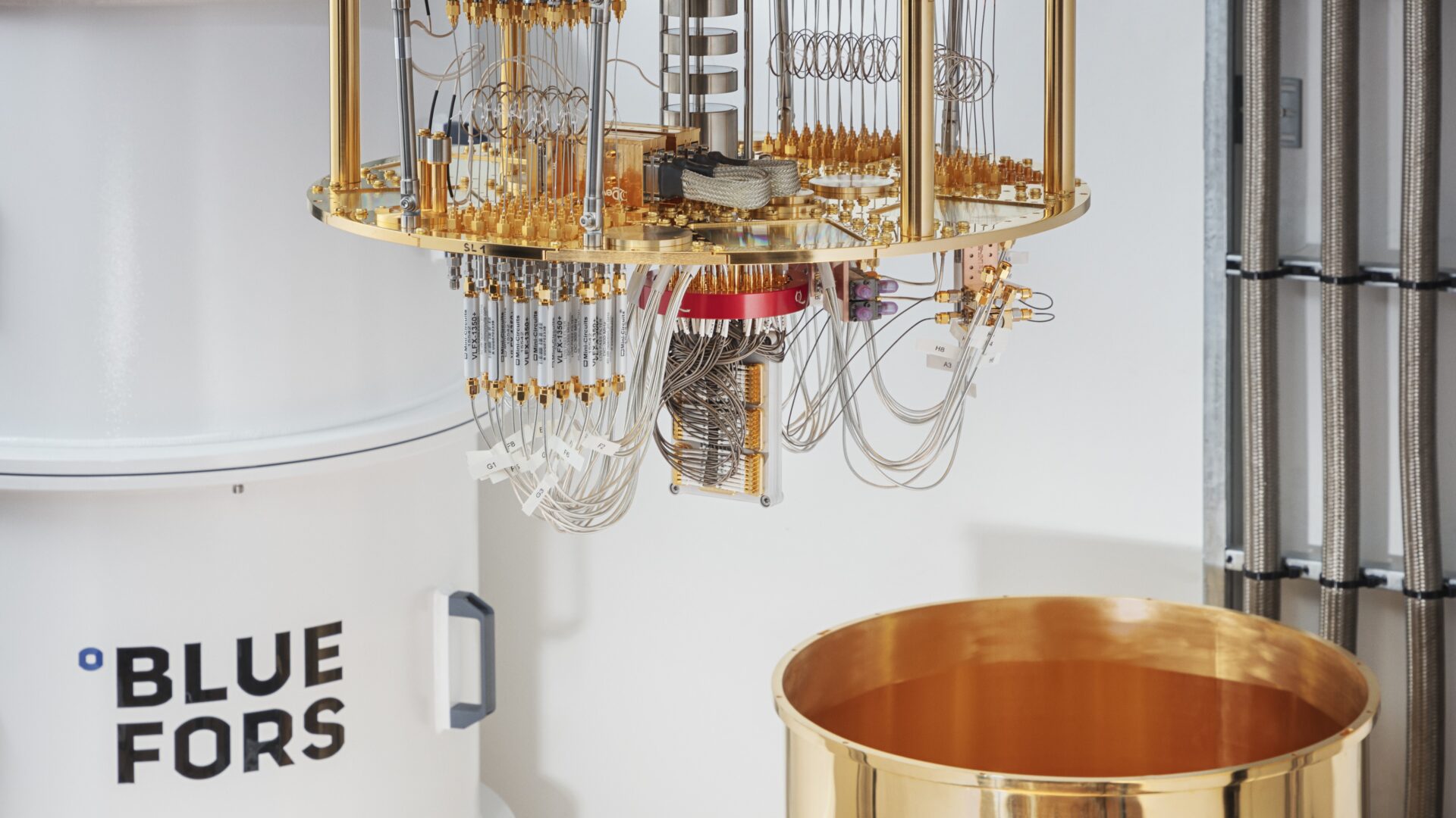 Quantum Machines qubit sample holder QCage installed to the Bluefors XLDsl dilution refrigerator.