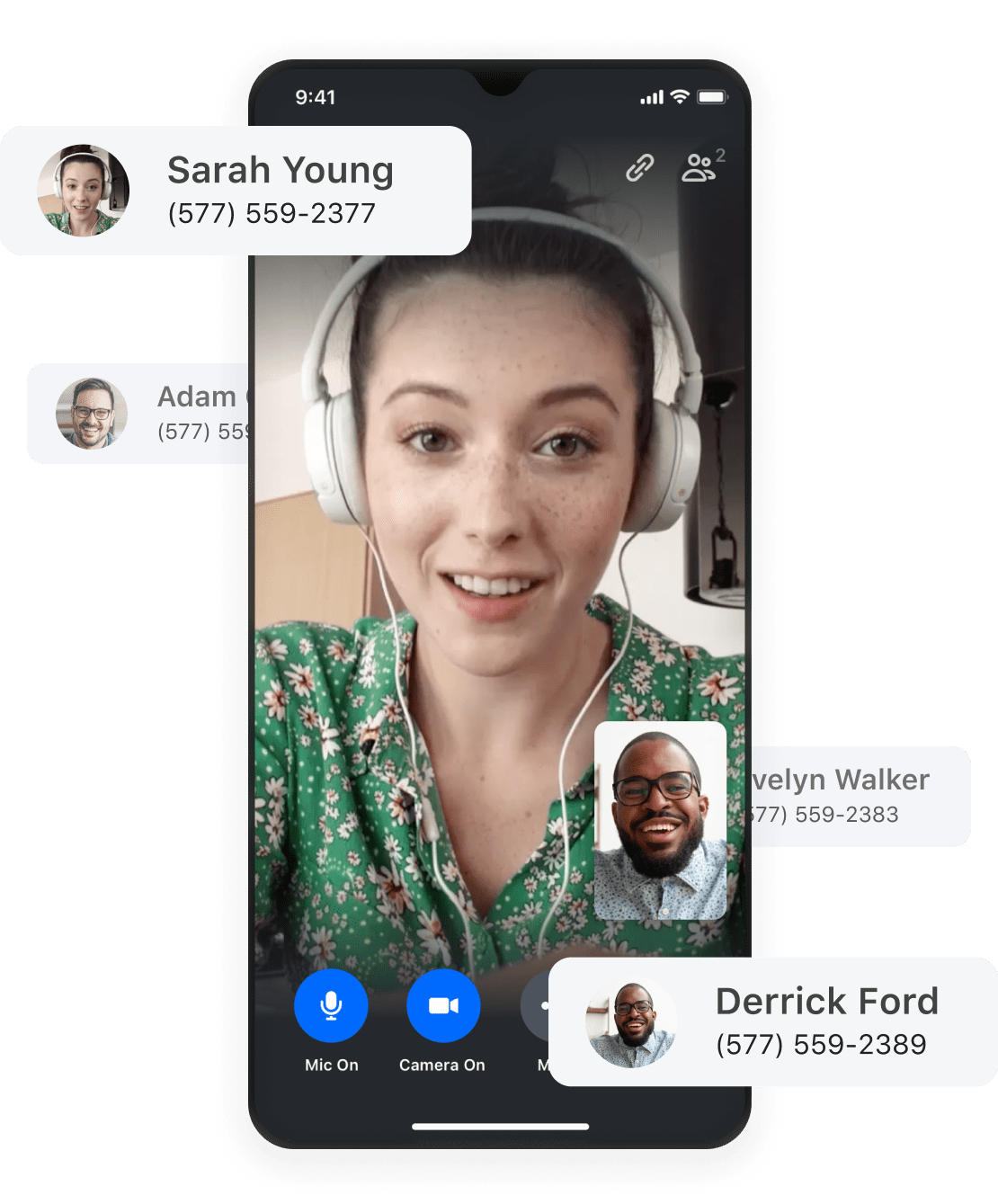 Uma chamada do GoTo Connect recebida no telefone pessoal de um colaborador, exibindo os números de telefone personalizados de outros colaboradores.