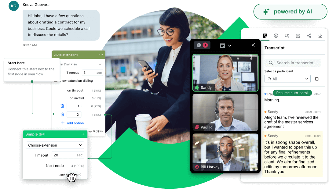 Plataforma GoTo Connect com tecnologia de IA exibindo um sistema de telefonia VoIP e transcrições de reunião virtual, oferecendo soluções de comunicação unificada sob medida para escritórios de advocacia.