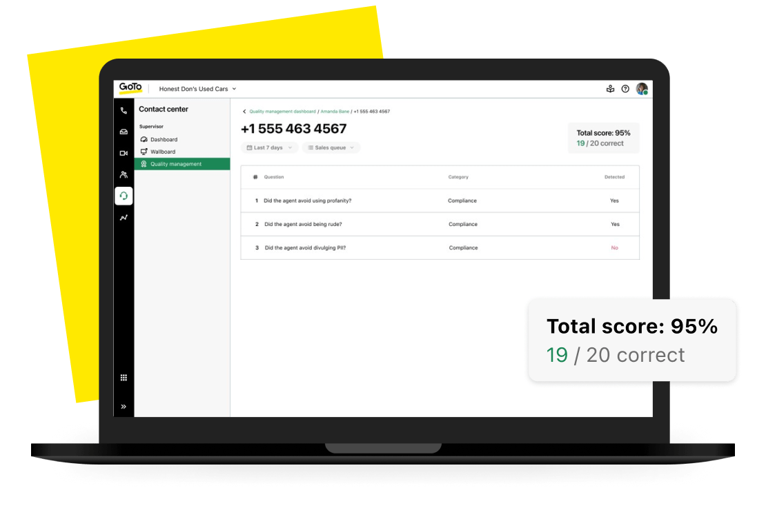 O IA Quality Management do GoTo Contact Center usa garantia de qualidade orientada por dados para avaliar os agentes de forma justa, criando um ambiente de trabalho estável e solidário.