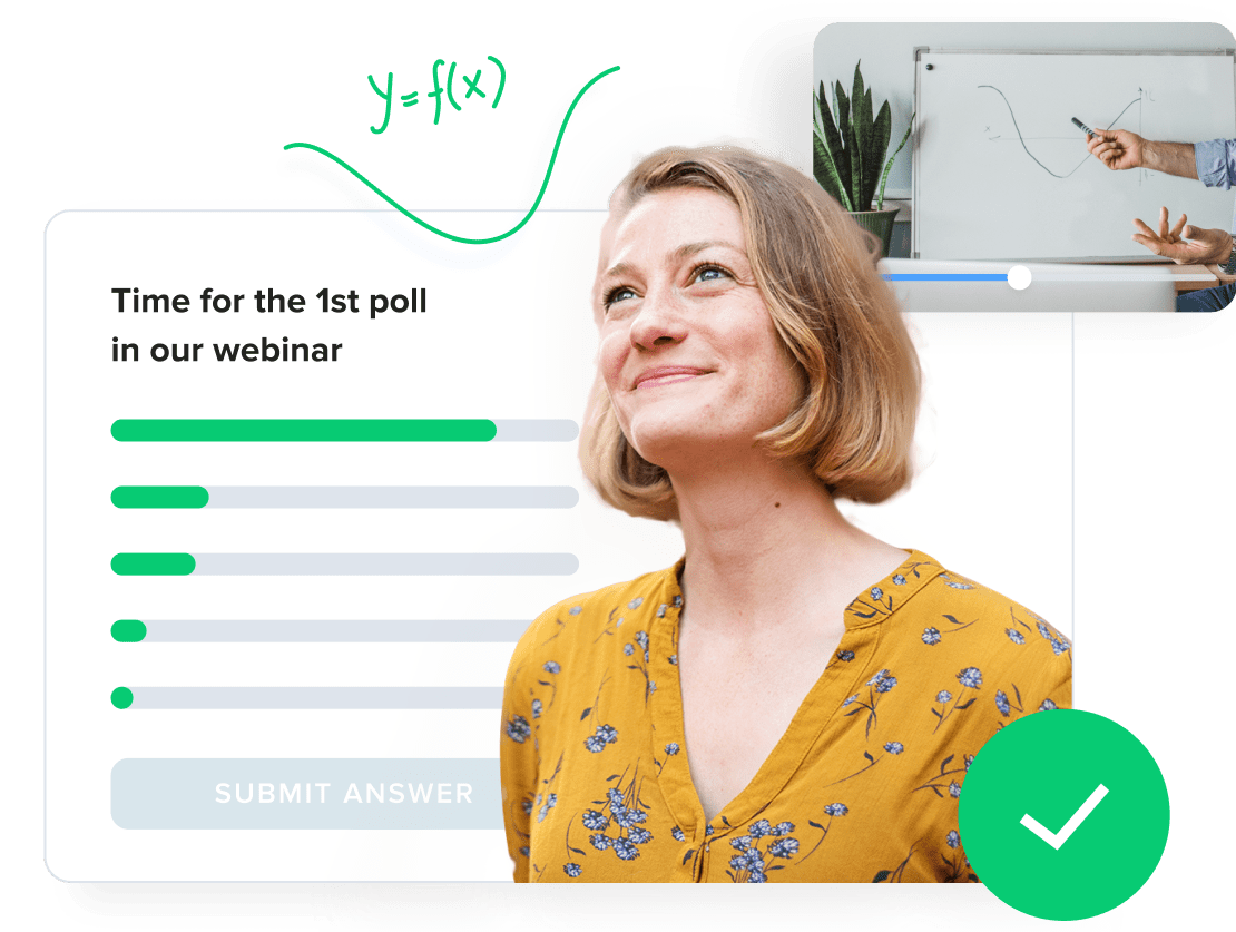 Collage showing how webinars, polls, and quizzes can combine to engage audiences and improve learning and comprehension.